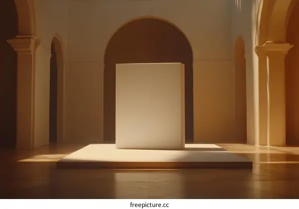 Minimalist White Cube on a Platform with Archways Background