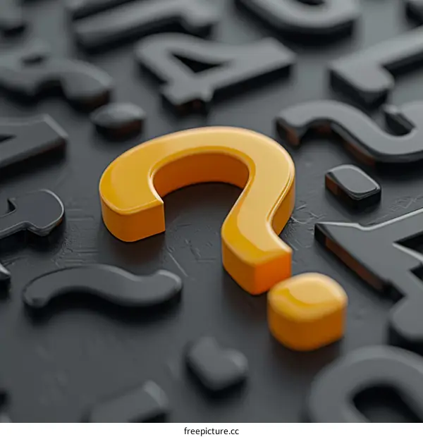 A 3D rendering of an orange question mark on a dark background with numbers