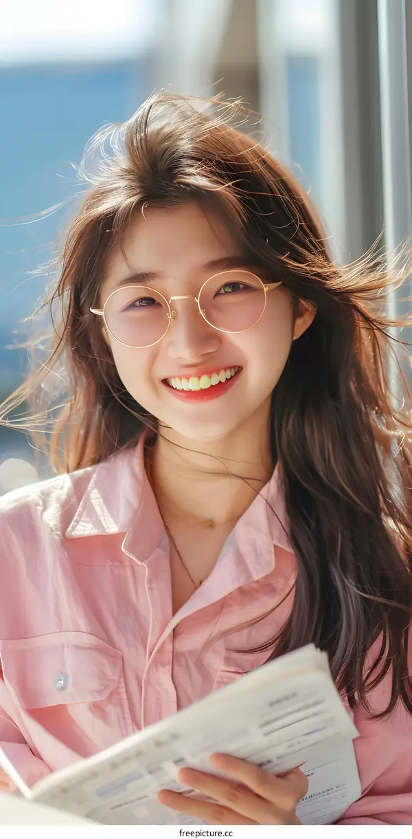 Young Asian Woman Smiling and Reading a Book