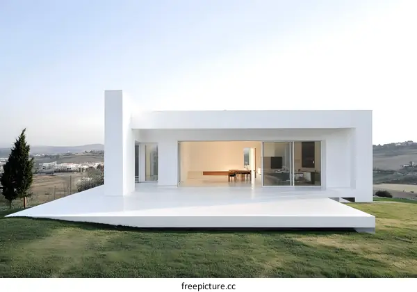Modern White House with Glass Doors and Green Grass