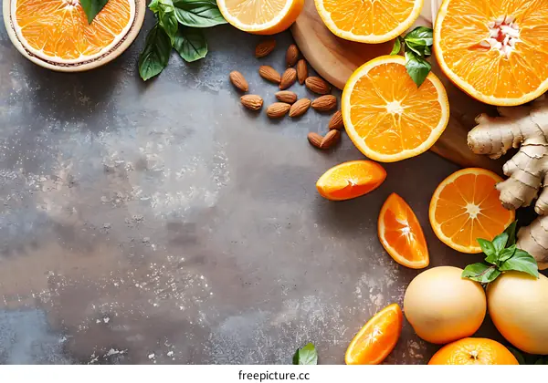 Orange Slices with Almonds and Ginger on a Grey Background