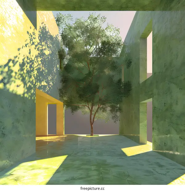 Green Tree Growing in Minimalist Concrete Building Courtyard