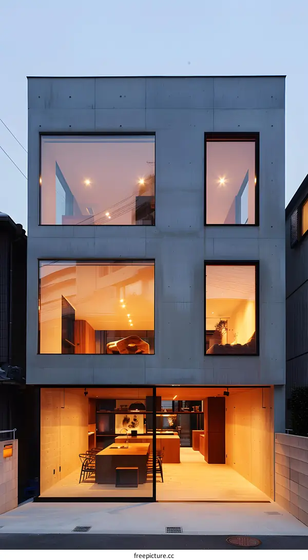 Modern Concrete House with Large Windows and Warm Lighting