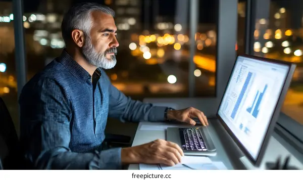 Businessman Working Late at Night in Office Using Laptop and Desktop Computer
