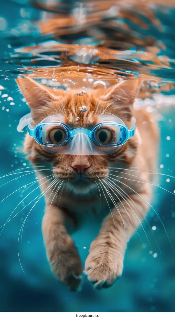Cat wearing blue goggles swims underwater