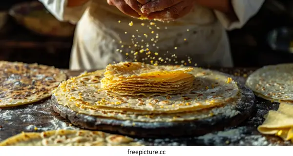 A cook sprinkles ground maize flour on top of a stack of handmade tortillas