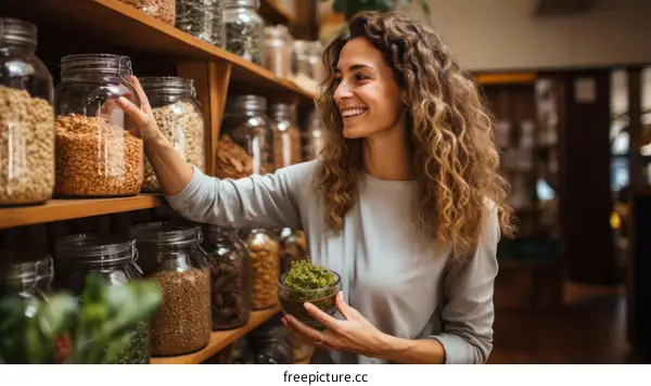 Smiling woman holding a plant in a grocery store