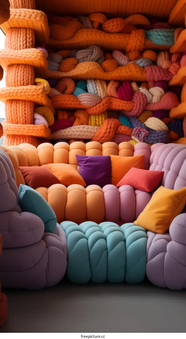 Colorful yarn cave room with sofa