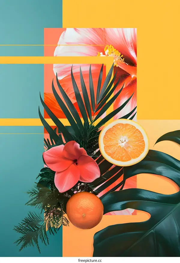 Tropical Collage With Orange, Flowers and Palm Leaves