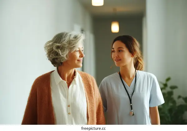 Elderly Patient and Nurse in Hospital Corridor