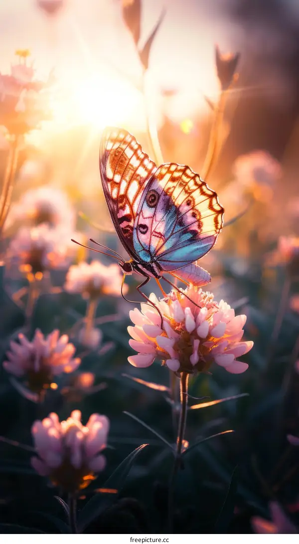A butterfly perches on a flower in a field of flowers.