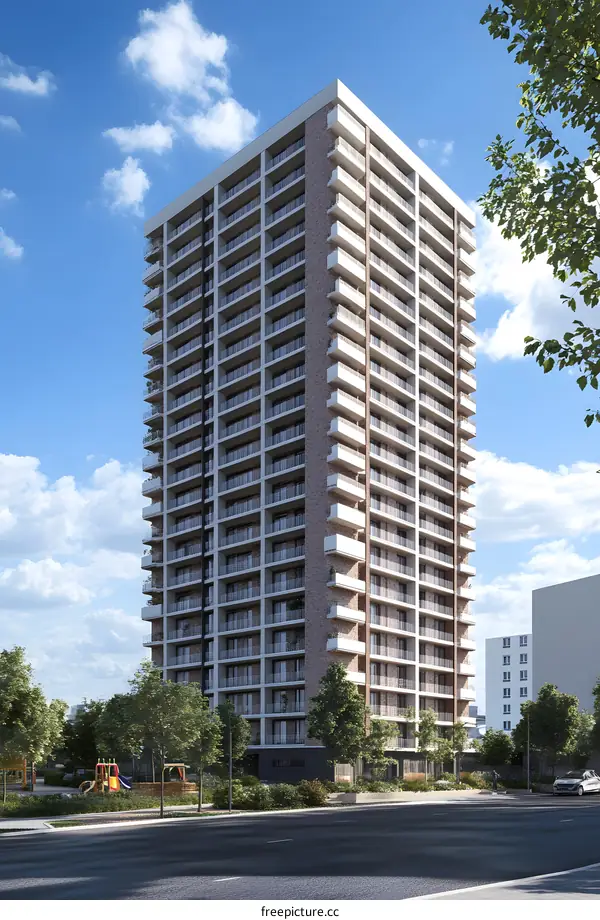 Modern Apartment Building with Balconies and Brick Facade