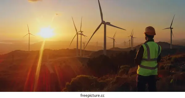 Wind turbines in a field at sunset
