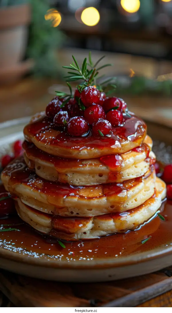 A Scrumptious Plate of Pancakes Drizzled with Maple Syrup and Topped with Fresh Cranberries