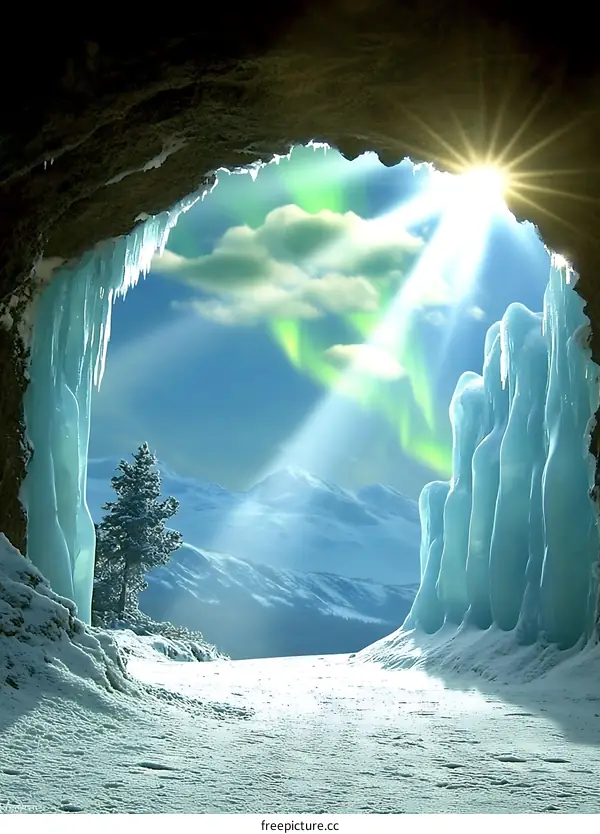 Ice Cave View of Mountain and Aurora Borealis
