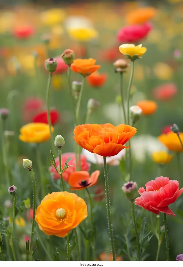 Colorful Poppy Flower Field in Spring