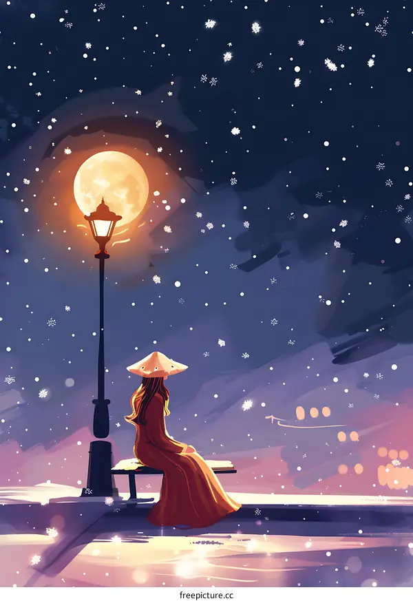 Woman Sitting on Bench Underneath a Full Moon