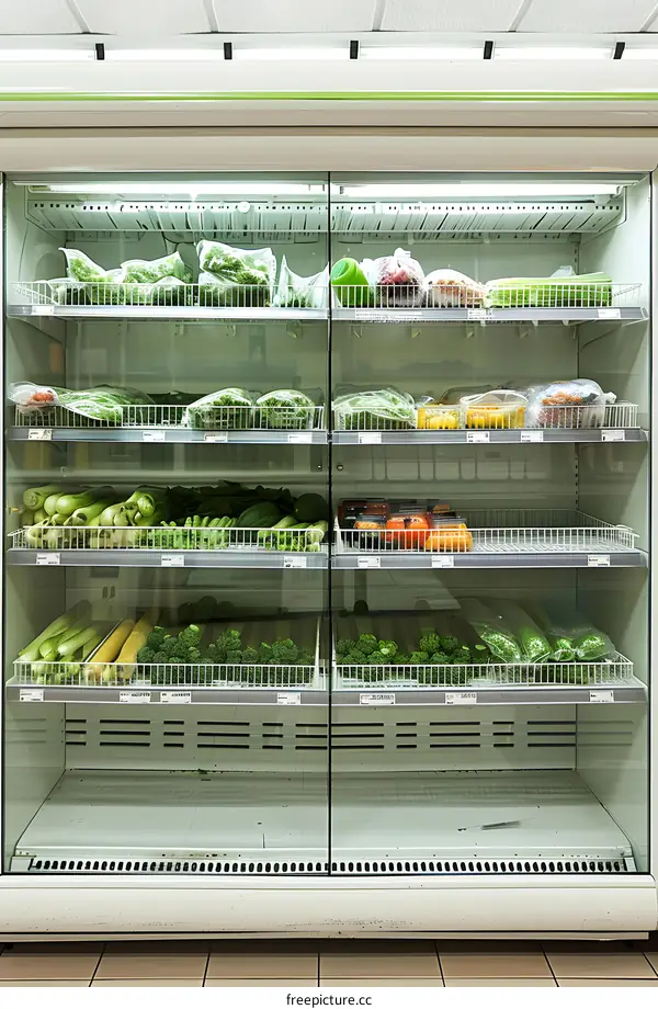 Refrigerated Display Case Filled with Green Vegetables in a Supermarket