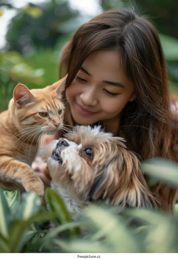 A young woman is petting a cat and a dog