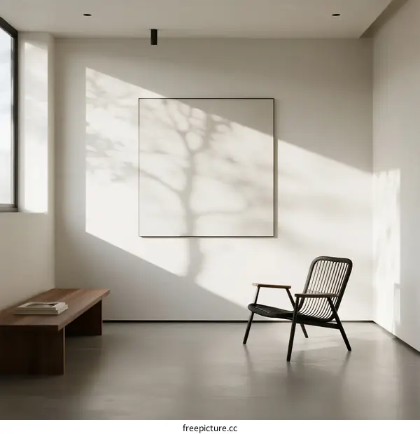 Minimalist interior space with wooden bench and black chair
