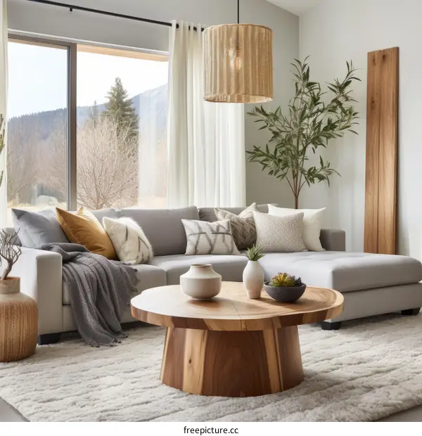 Modern living room interior with large windows and stylish furniture