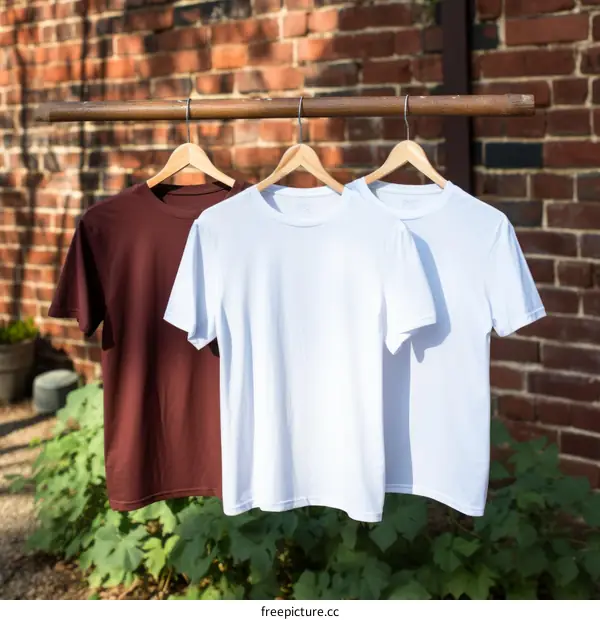 Three shirts hanging on a clothesline in front of a brick wall