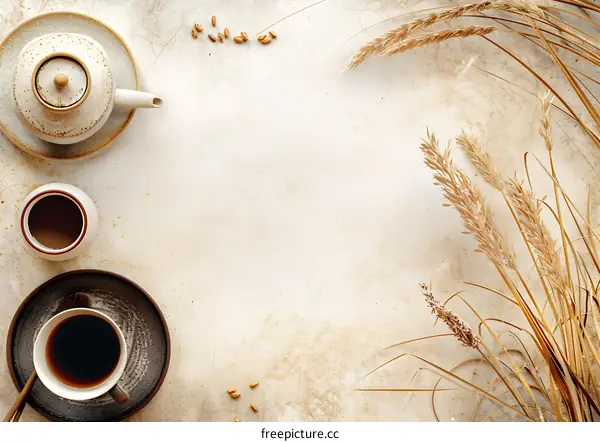 Minimalist Still Life with Coffee and Wheat on White Background