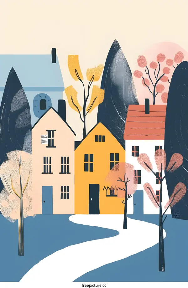 Cartoon Illustration Of Houses On A Winding Road With Trees
