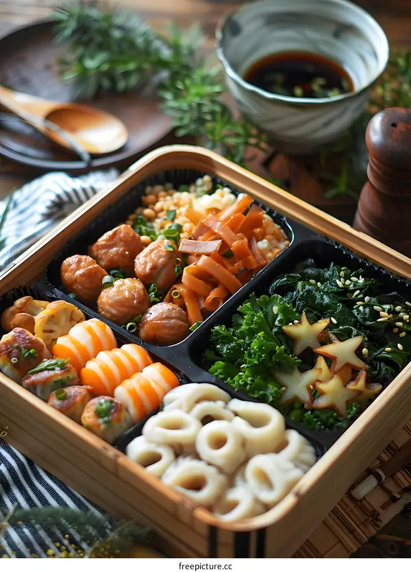 A delicious and healthy bento box with chicken meatballs, carrot flowers, spinach, and udon noodles