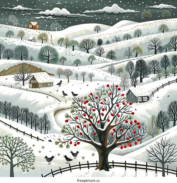 Winter Landscape Illustration With Red Berries On A Tree