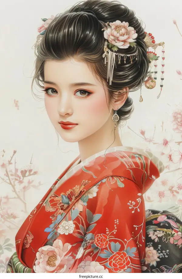 Beautiful Asian Woman Wearing Traditional Japanese Kimono with Flower Pattern