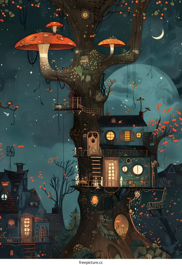 Fantasy Treehouse Illustration with Moon and Mushrooms