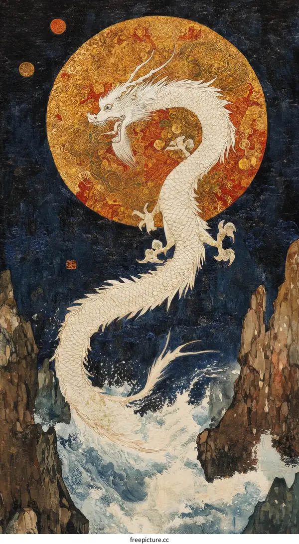 Majestic White Dragon Soaring Through the Night Sky