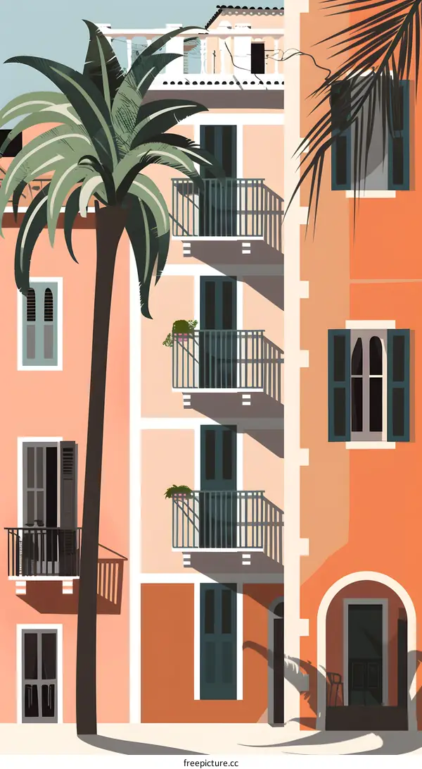 Palm Tree in Front of Orange Buildings with Balconies