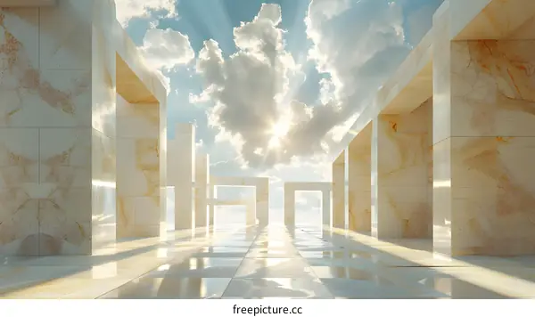 Marble columns bathed in sunlight create a futuristic corridor