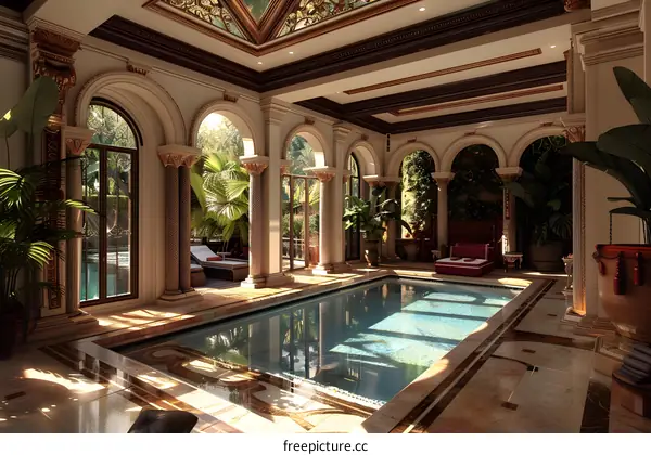 Indoor swimming pool with classical columns and large windows