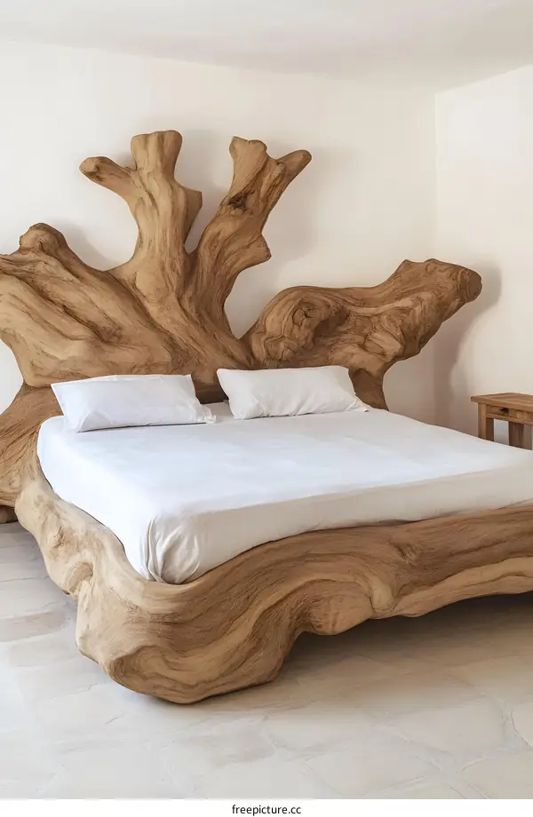 Unique Wooden Bed Design with a Natural Branch Headboard