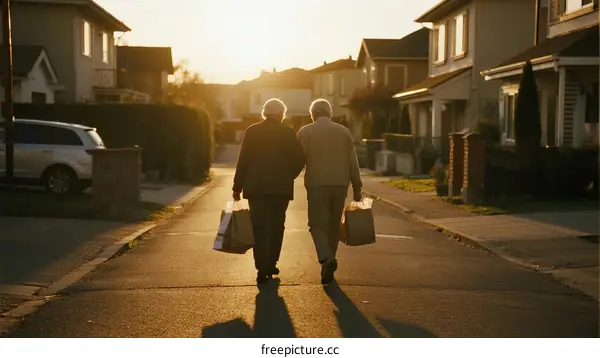 Elderly couple walking down suburban street at golden hour