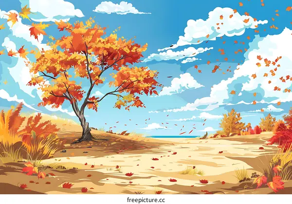 Autumn Landscape with a Single Tree and Falling Leaves