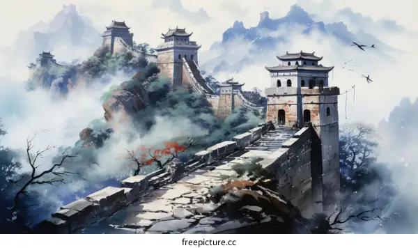 The Great Wall of China winding through a beautiful mountain landscape