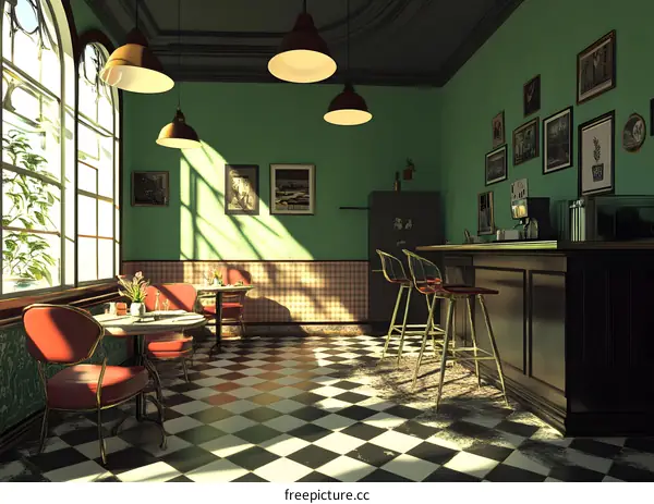 Vintage Cafe Interior Design with Checkerboard Floor