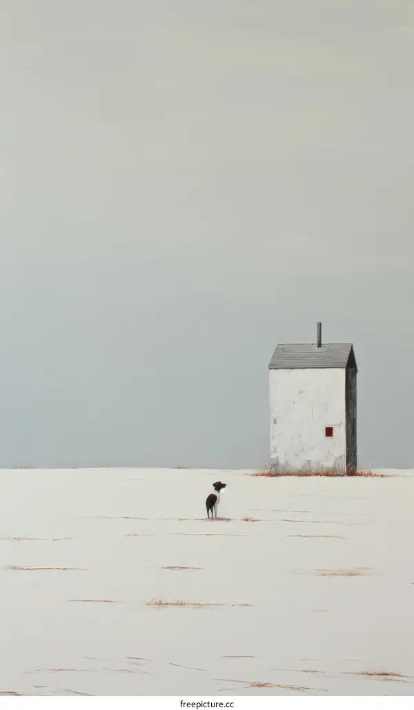 dog looking at a small house in the middle of a snowy field