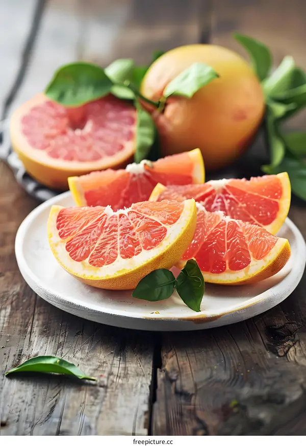 Fresh Grapefruit Slices on a White Plate