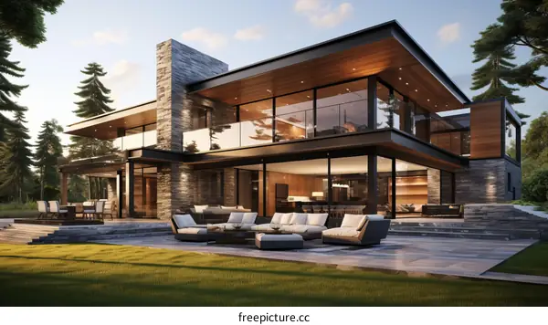 Modern House Exterior Design with Large Glass Windows