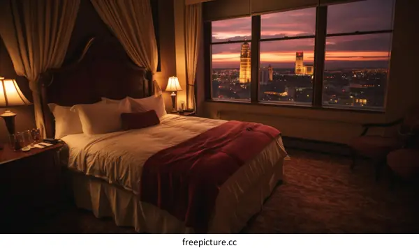 A hotel room with a view of the city at sunset