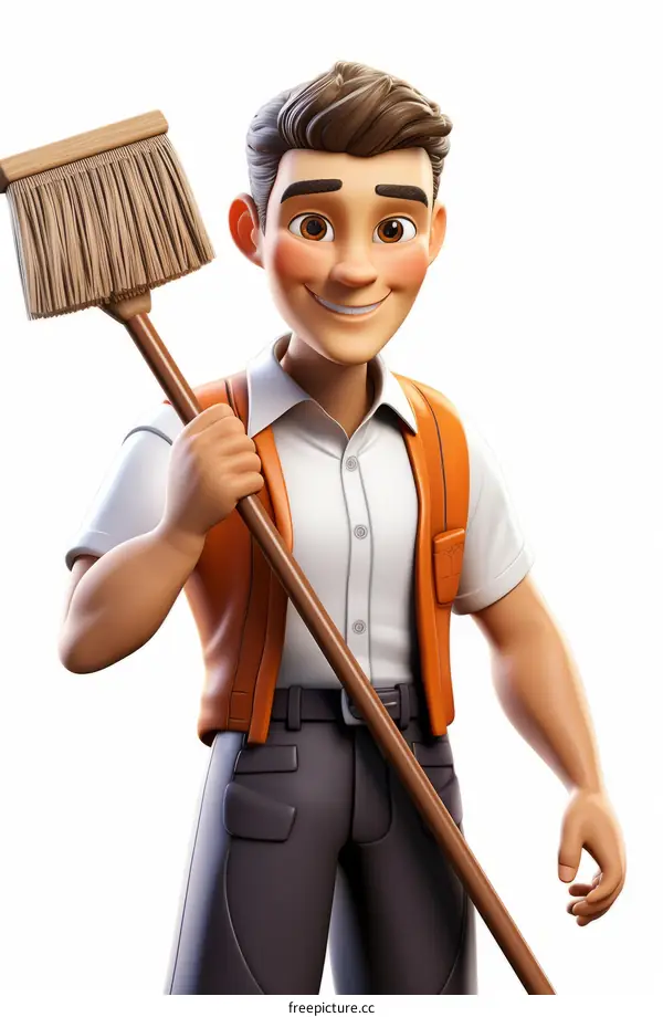 Cartoon character of a smiling man holding a broom
