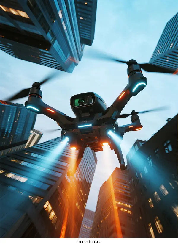 Modern Drone Flying Through Urban Skyscrapers at Dusk