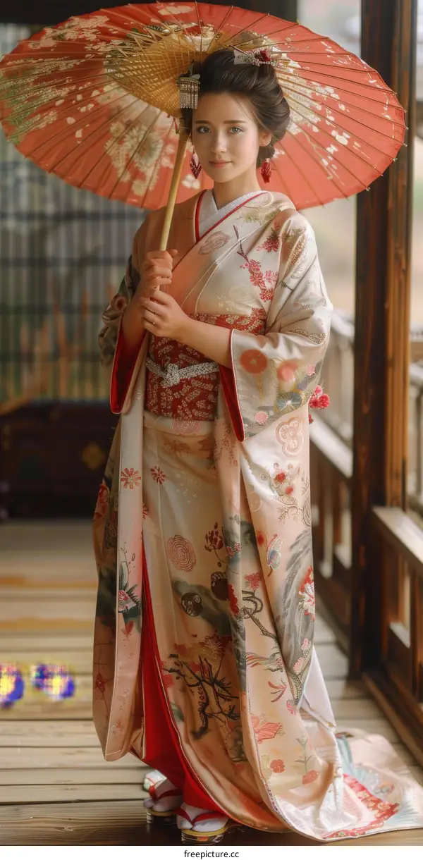 Woman in Traditional Japanese Kimono with Red Umbrella