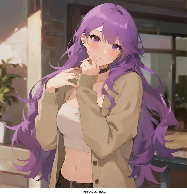 A Young Woman with Long Purple Hair Wearing a Beige Cardigan