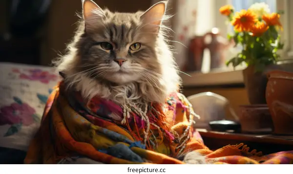 A gray cat is sitting on a chair and wearing a colorful scarf